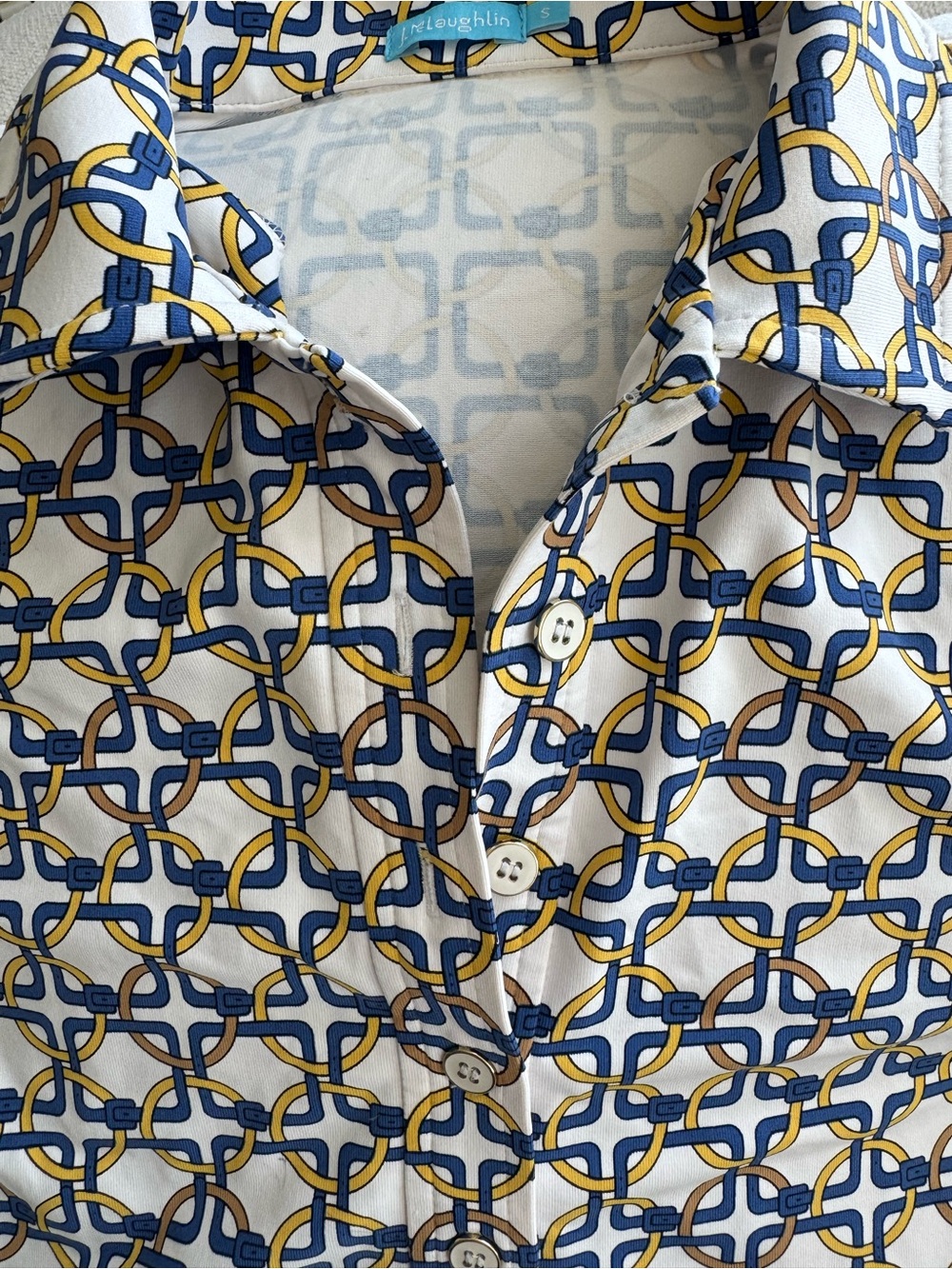 J. McLaughlin White Polo with Navy & Mustard Chain Link Print - Picture 3 of 4